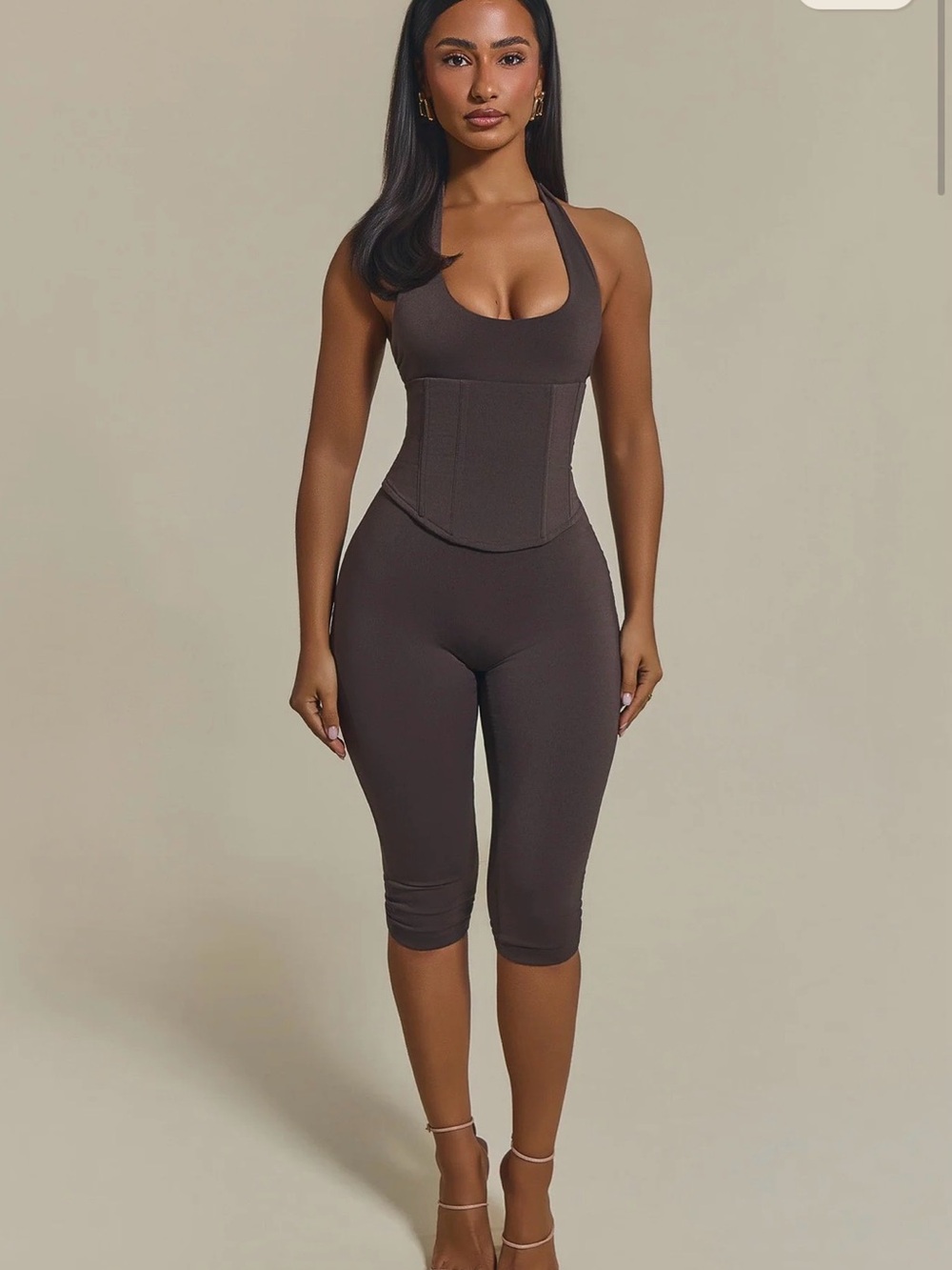 Chocolate Halter Corset-Detail Cropped Jumpsuit